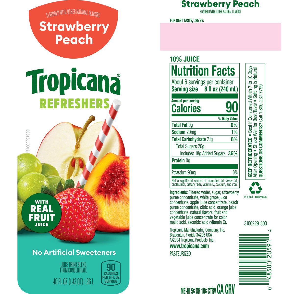 slide 10 of 12, Tropicana Refreshers - Strawberry Peach, 46 fl oz
