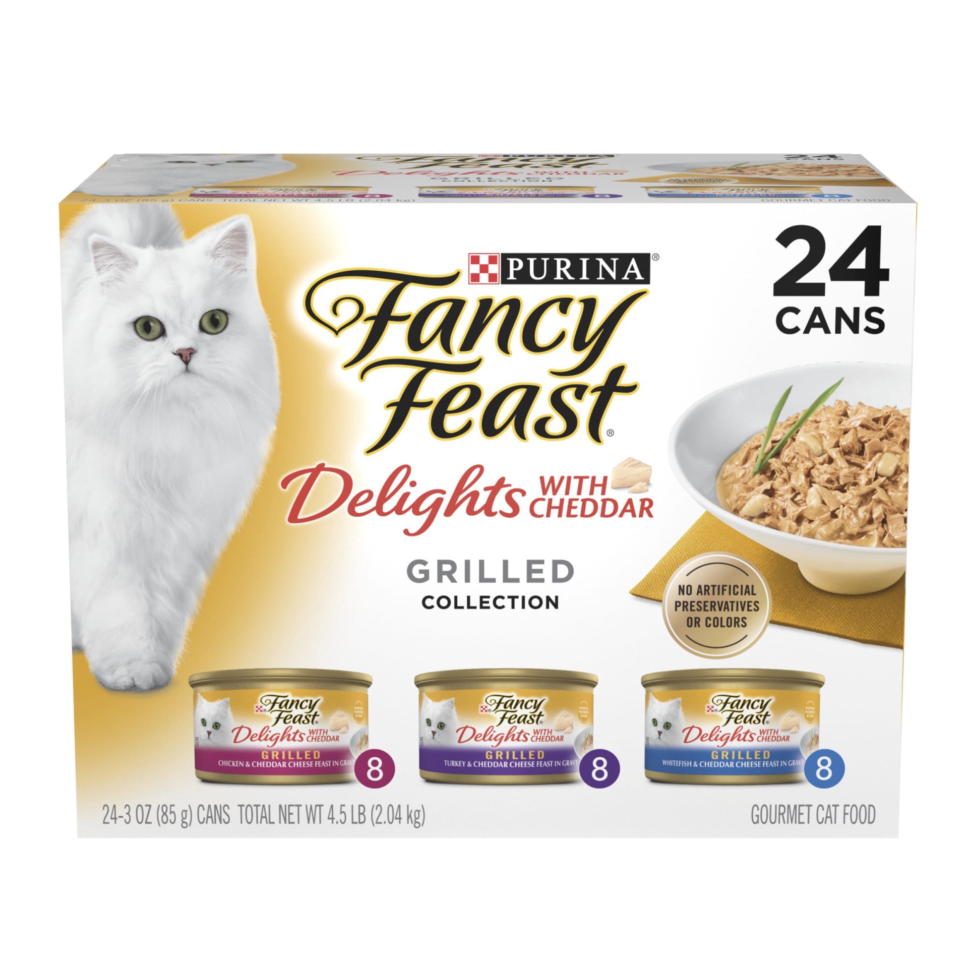 slide 1 of 9, Purina Fancy Feast Delights with Chicken,Turkey, Fish and Cheddar Grilled Collection Gourmet Wet Cat Food - 72oz /24ct Variety Pack, 4.5 lb