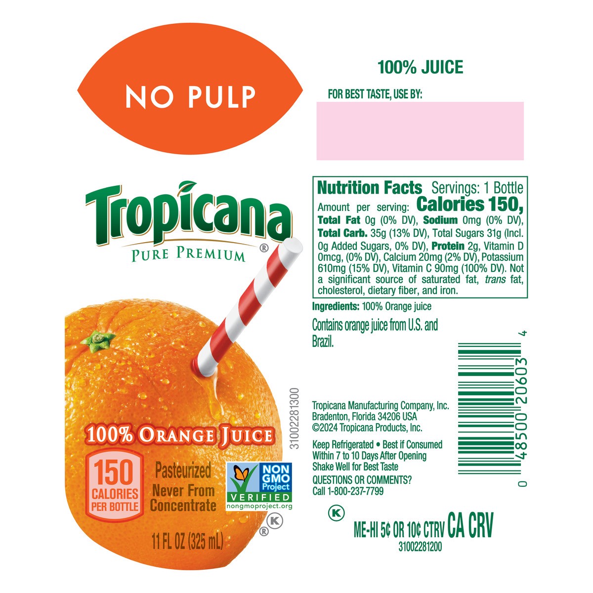 slide 2 of 12, Tropicana Pure Premium 100% Orange Juice Original, No Pulp, Single Serve, 11 fl oz bottle, 11 fl oz