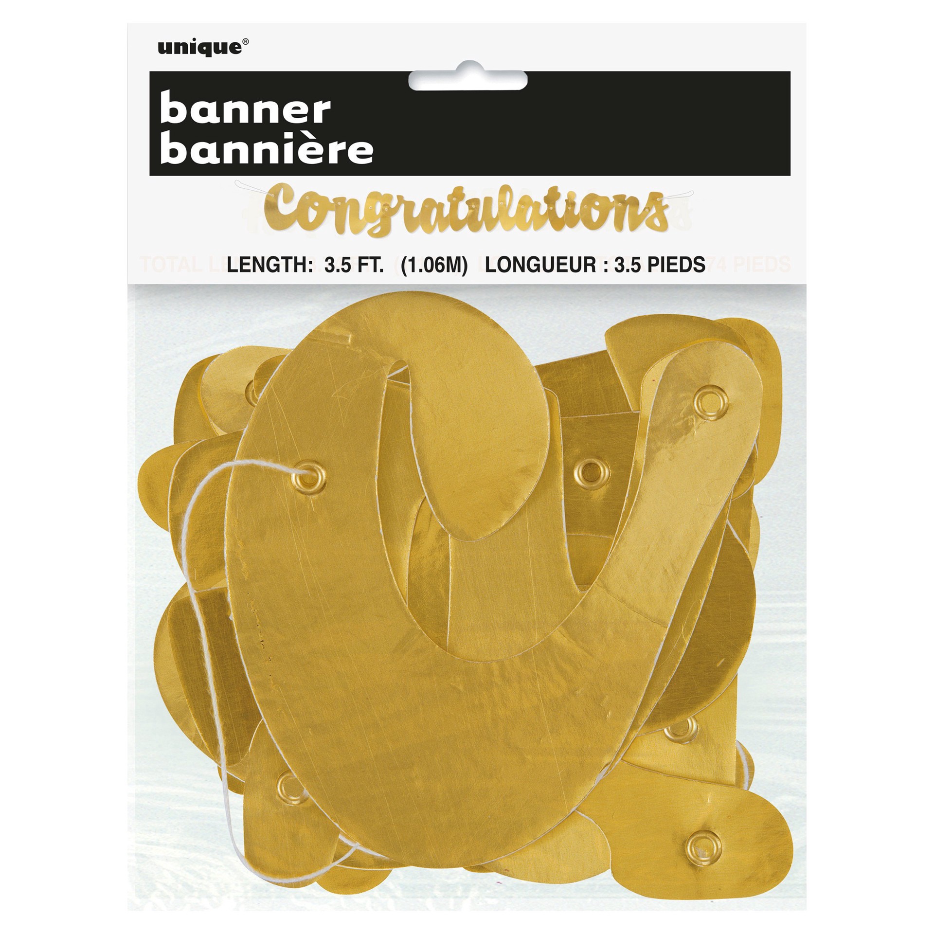slide 1 of 1, Unique Industries Congratulations Gold Fold Script Party Banner, 3.5 ft