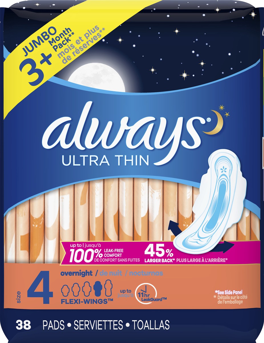 slide 2 of 2, Always Jumbo Ultra Thin Size 4 Overnight Flexi-Wings Pads 38 ea, 38 ct