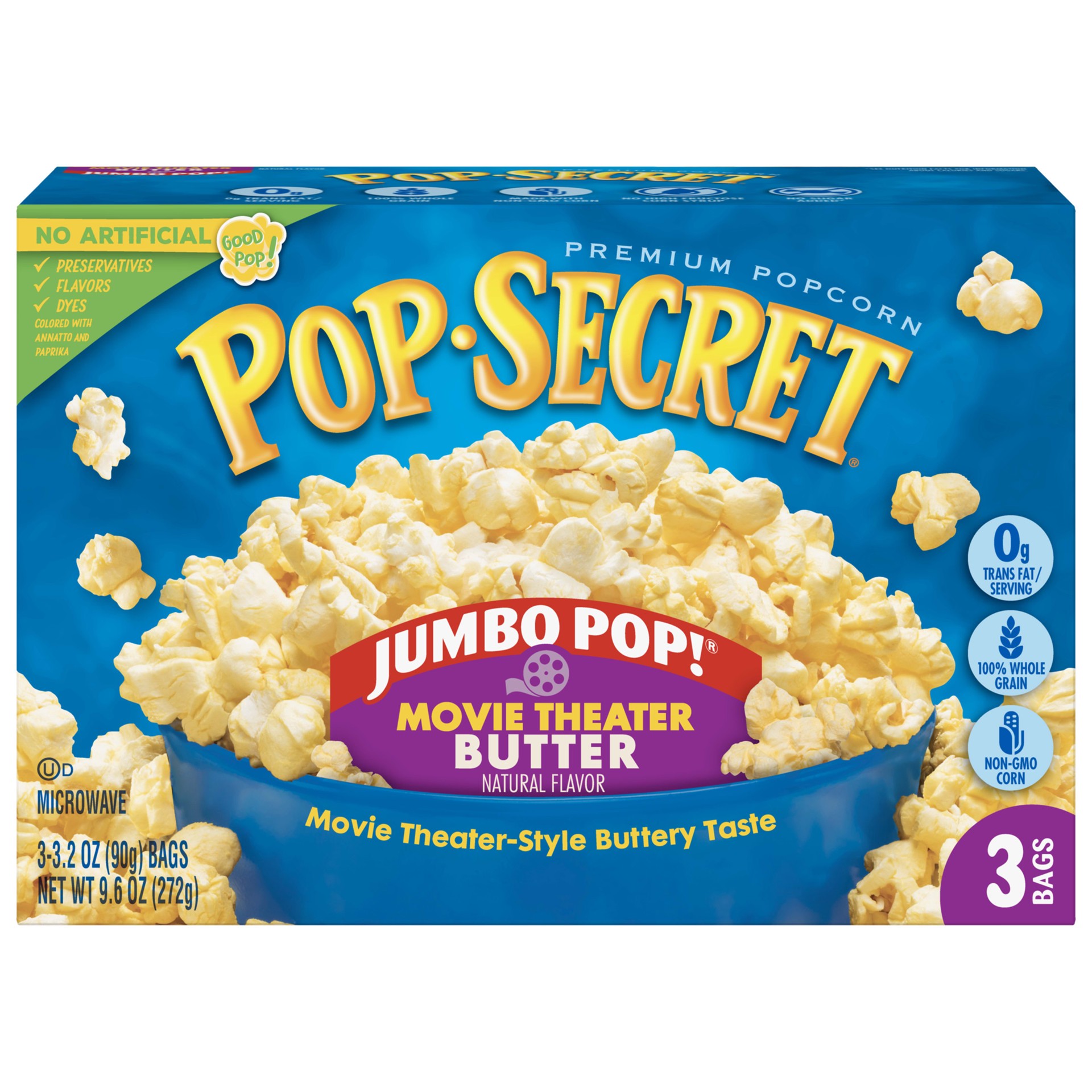 slide 1 of 5, Pop-Secret Popcorn, Jumbo Pop Movie Theater Butter Microwave Popcorn, 3.2 Oz Sharing Bags, 3 Ct, 9.6 oz