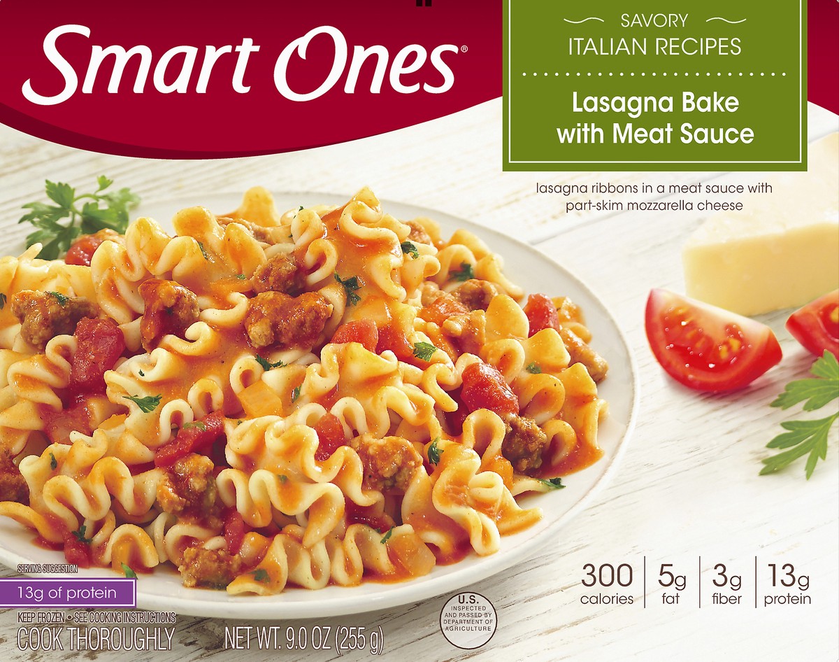 slide 5 of 9, Smart Ones Lasagna Bake with Meat Sauce & Mozzarella Cheese Frozen Meal, 9 oz Box, 9 oz