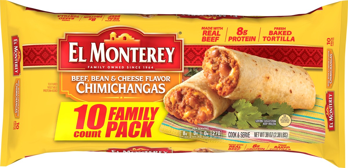 slide 3 of 7, El Monterey Chimichangas Beef Bean & Cheese Family Pack, 10 ct; 38 oz