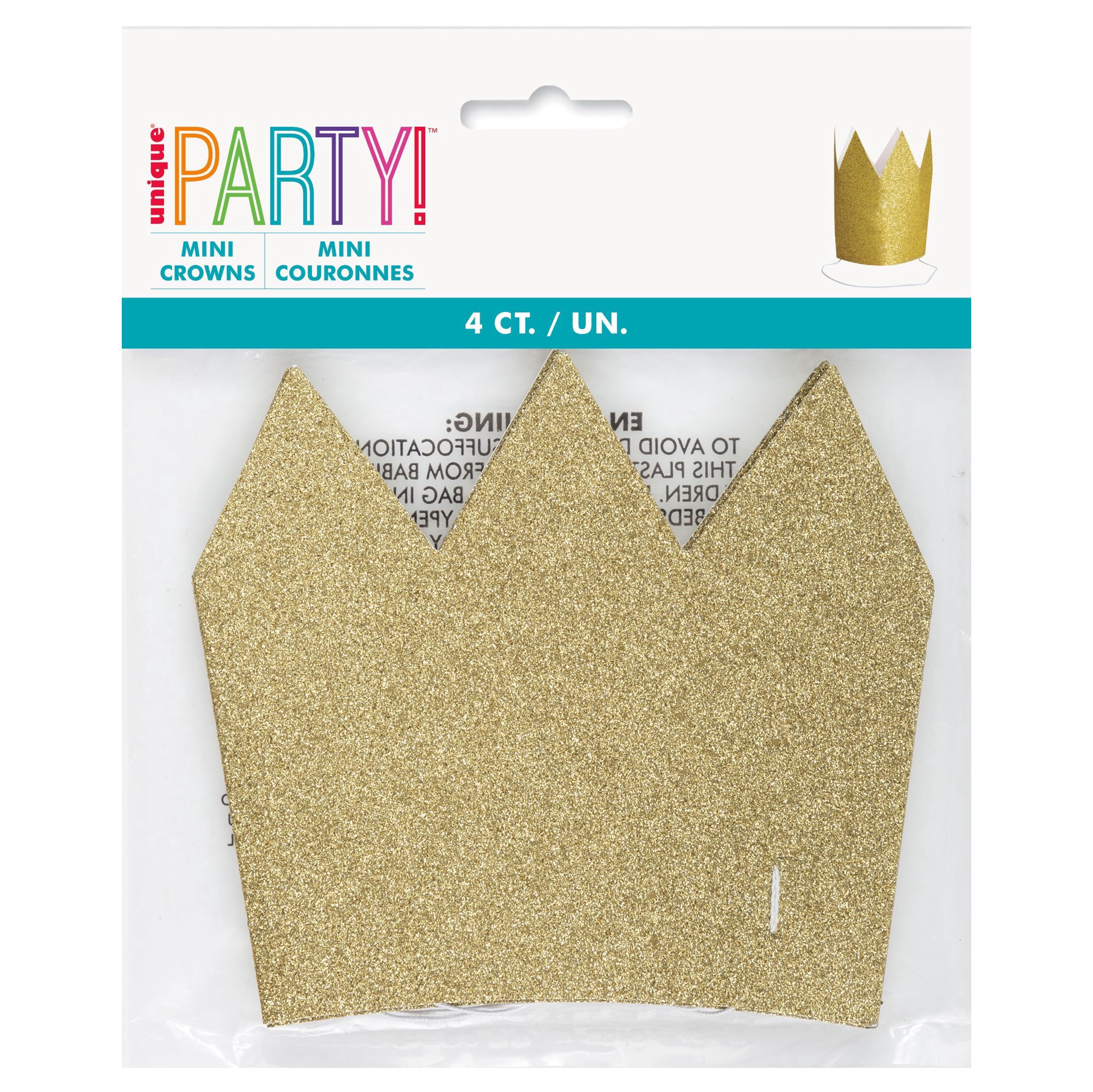 slide 1 of 1, Unique Industries Mini Glitter Paper Party Crowns - Gold, 4 ct