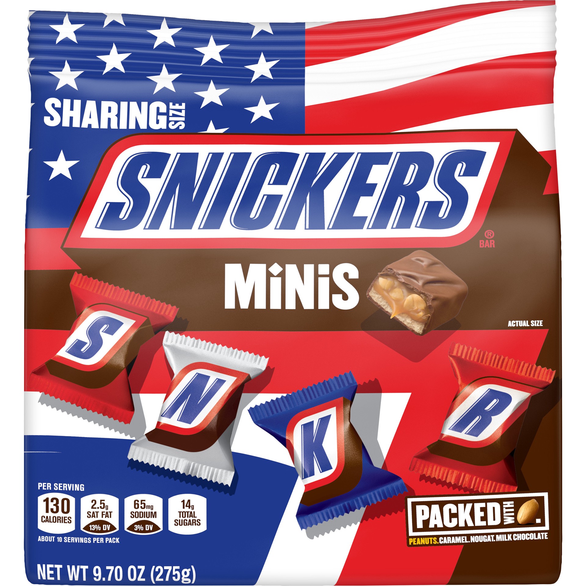 slide 1 of 5, Snickers Red, White & Blue Minis Size Patriotic Chocolate Candy, 9.7-Ounce Bag, 9.7 oz