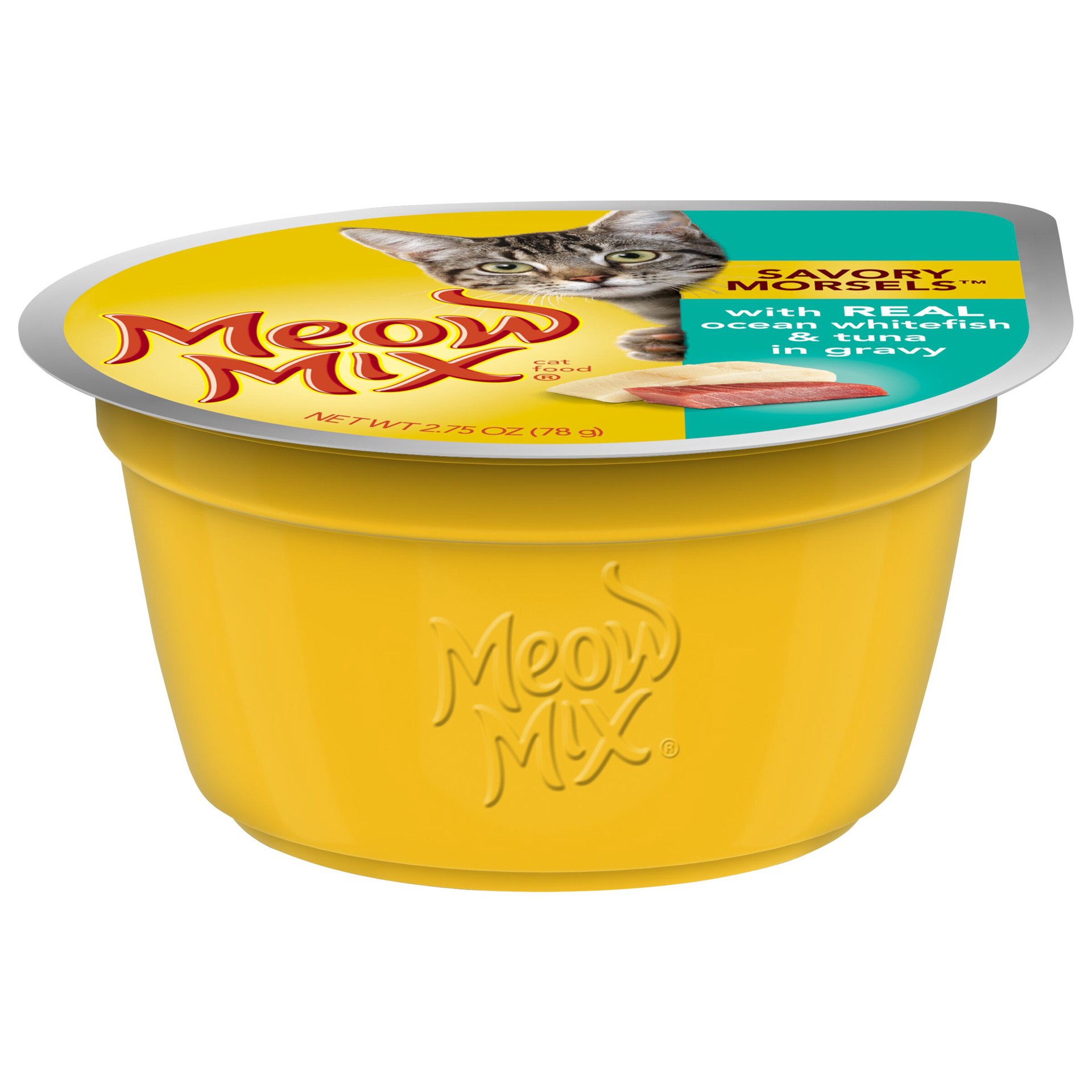 slide 1 of 2, Meow Mix Savory Morsels Seafood Entrée in Gravy Wet Cat Food, 2.75-Ounce Cup, 2.75 oz