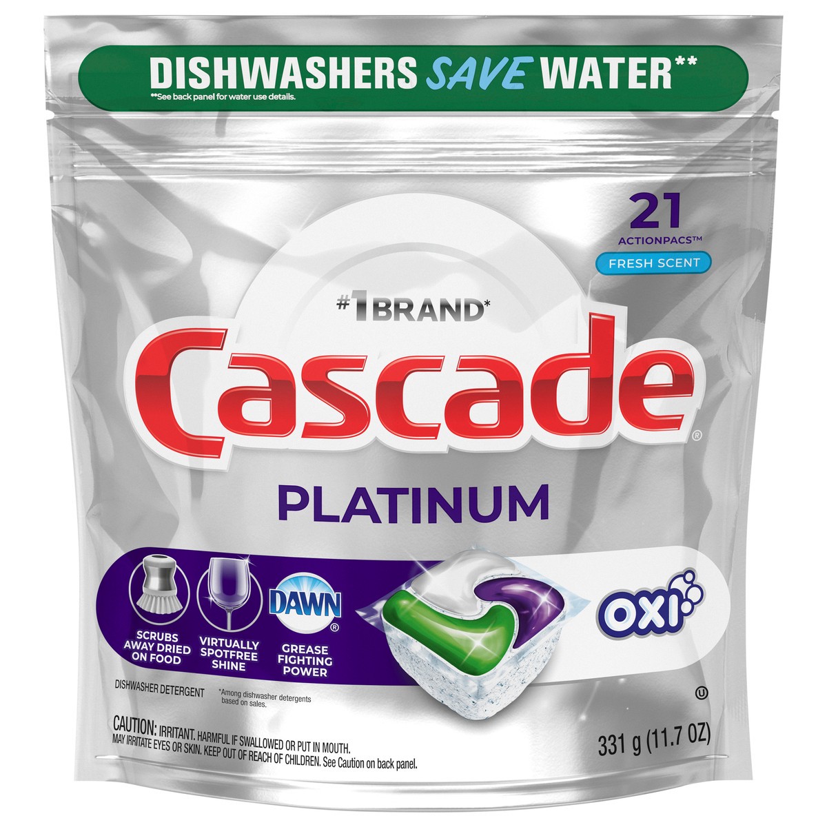 slide 1 of 1, Cascade Platinum ActionPacs + Oxi, Dishwasher Detergent Pods, Fresh, 21 Count, 21 ct