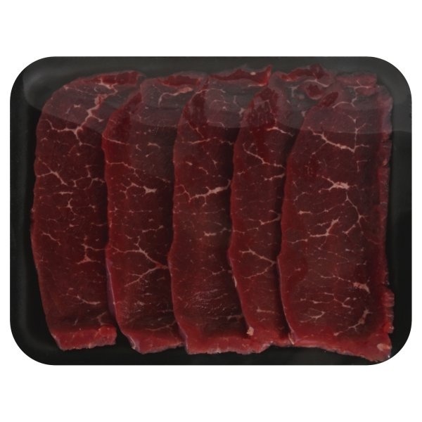 slide 1 of 1, Beef Choice Round Sirloin Tip Steak Thin Sliced (About 3 Steaks Per Pack), per lb