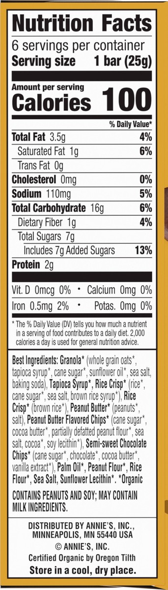 slide 8 of 9, Annie's Organic Chewy Granola Bars, Peanut Butter Chocolate Chip, 5.34 oz, 6 ct, 6 ct; 0.89 oz