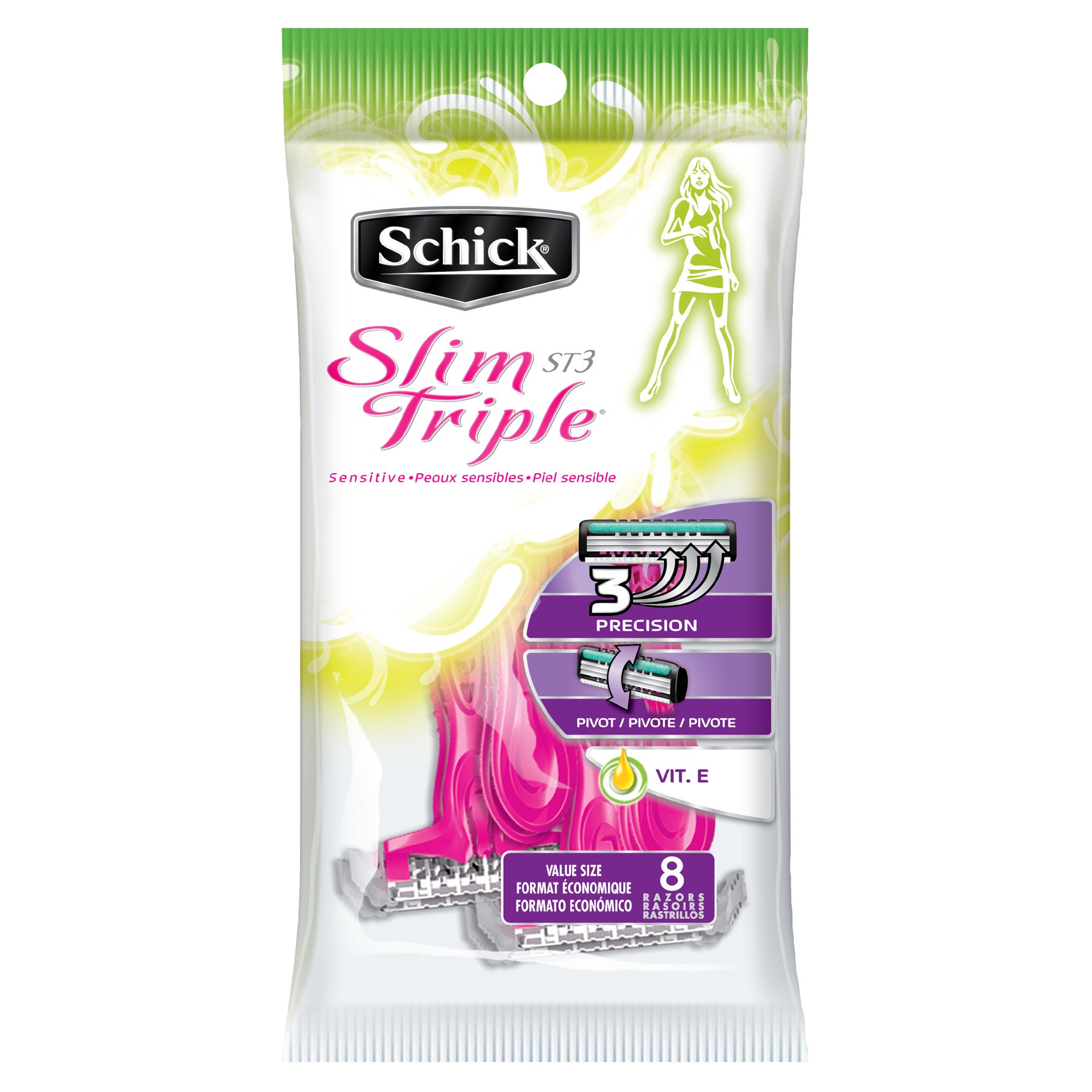 slide 1 of 1, Schick Slim Triple ST3 Sensitive Skin Women's Disposable Razor - 8 Count, 8 ct