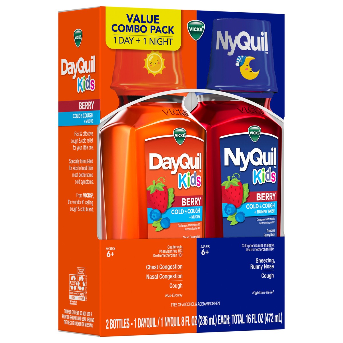 slide 7 of 7, VICKS Kids DayQuil & NyQuil Berry Cold & Cough Medicine Co-Pack, Daytime & Nighttime Relief of Multiple Symptoms, Great-Tasting Berry Flavor, Free of Alcohol & Acetaminophen, For Ages 6+, 2x8oz, 2 ct