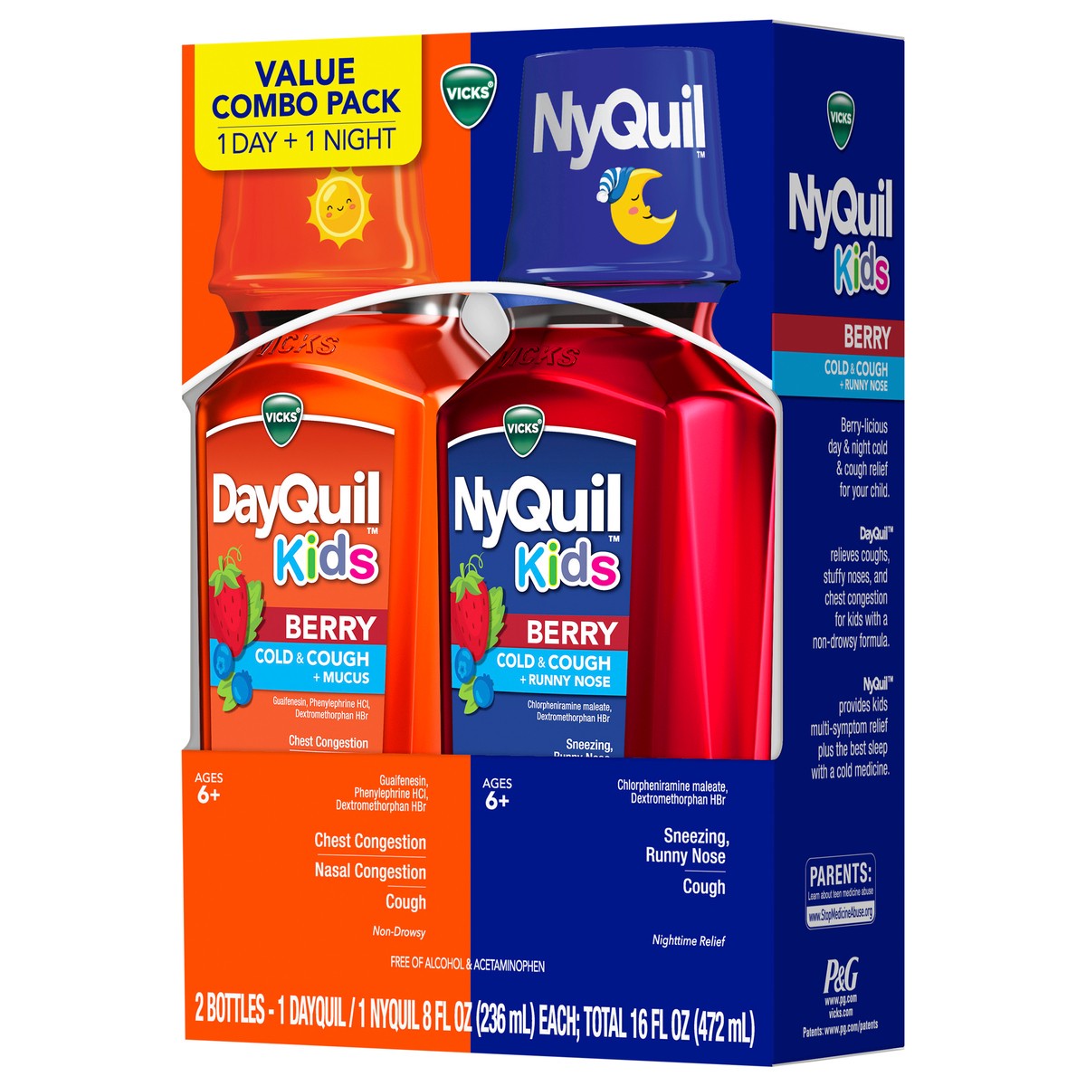 slide 3 of 7, VICKS Kids DayQuil & NyQuil Berry Cold & Cough Medicine Co-Pack, Daytime & Nighttime Relief of Multiple Symptoms, Great-Tasting Berry Flavor, Free of Alcohol & Acetaminophen, For Ages 6+, 2x8oz, 2 ct