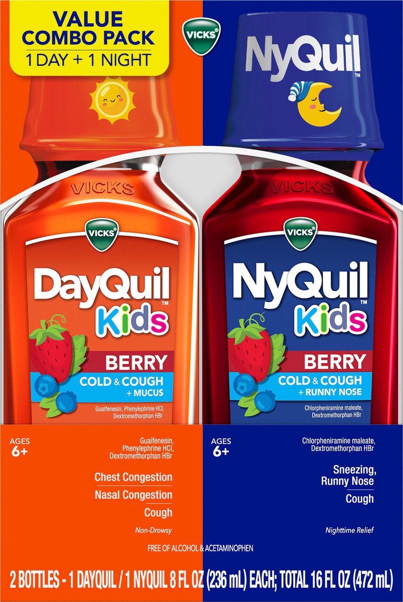 slide 4 of 7, VICKS Kids DayQuil & NyQuil Berry Cold & Cough Medicine Co-Pack, Daytime & Nighttime Relief of Multiple Symptoms, Great-Tasting Berry Flavor, Free of Alcohol & Acetaminophen, For Ages 6+, 2x8oz, 2 ct
