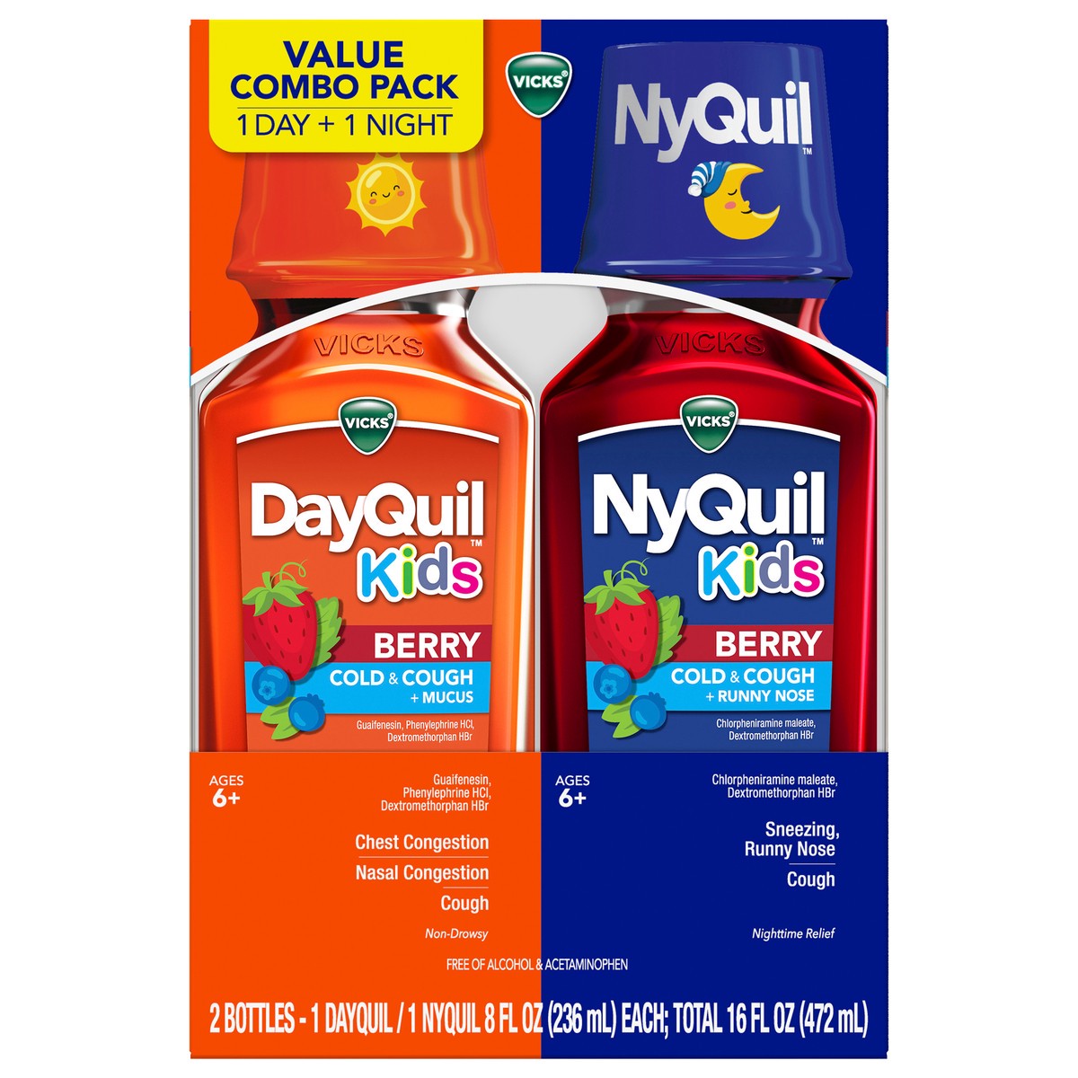 slide 1 of 7, VICKS Kids DayQuil & NyQuil Berry Cold & Cough Medicine Co-Pack, Daytime & Nighttime Relief of Multiple Symptoms, Great-Tasting Berry Flavor, Free of Alcohol & Acetaminophen, For Ages 6+, 2x8oz, 2 ct