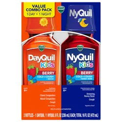 VICKS Kids DayQuil & NyQuil Berry Cold & Cough Medicine Co-Pack, Daytime & Nighttime Relief of Multiple Symptoms, Great-Tasting Berry Flavor, Free of Alcohol & Acetaminophen, For Ages 6+, 2x8oz