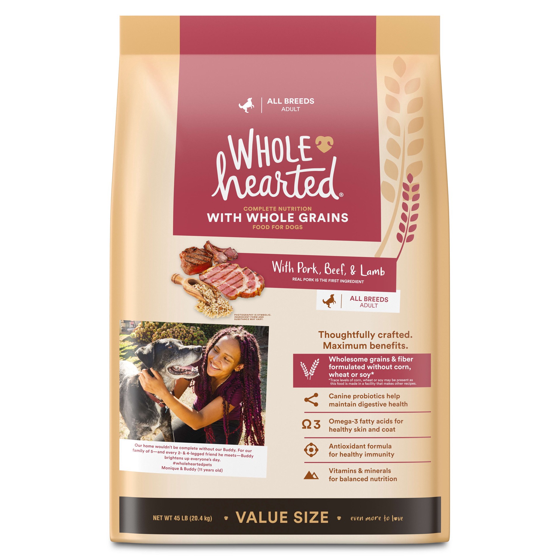 slide 1 of 1, WholeHearted Whole Grains with Pork, Beef & Lamb Dry Dog Food, 45 lbs., 1 ct