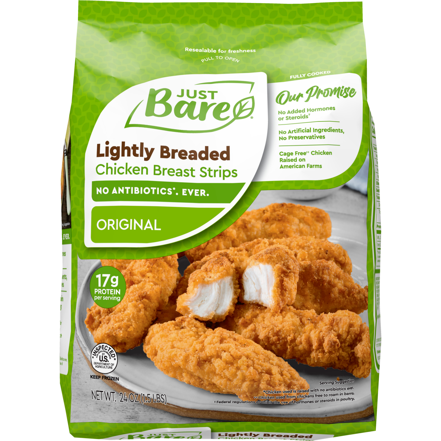 slide 1 of 8, Just BARE Lightly Breaded Chicken Breast Strips, 1.5 lb