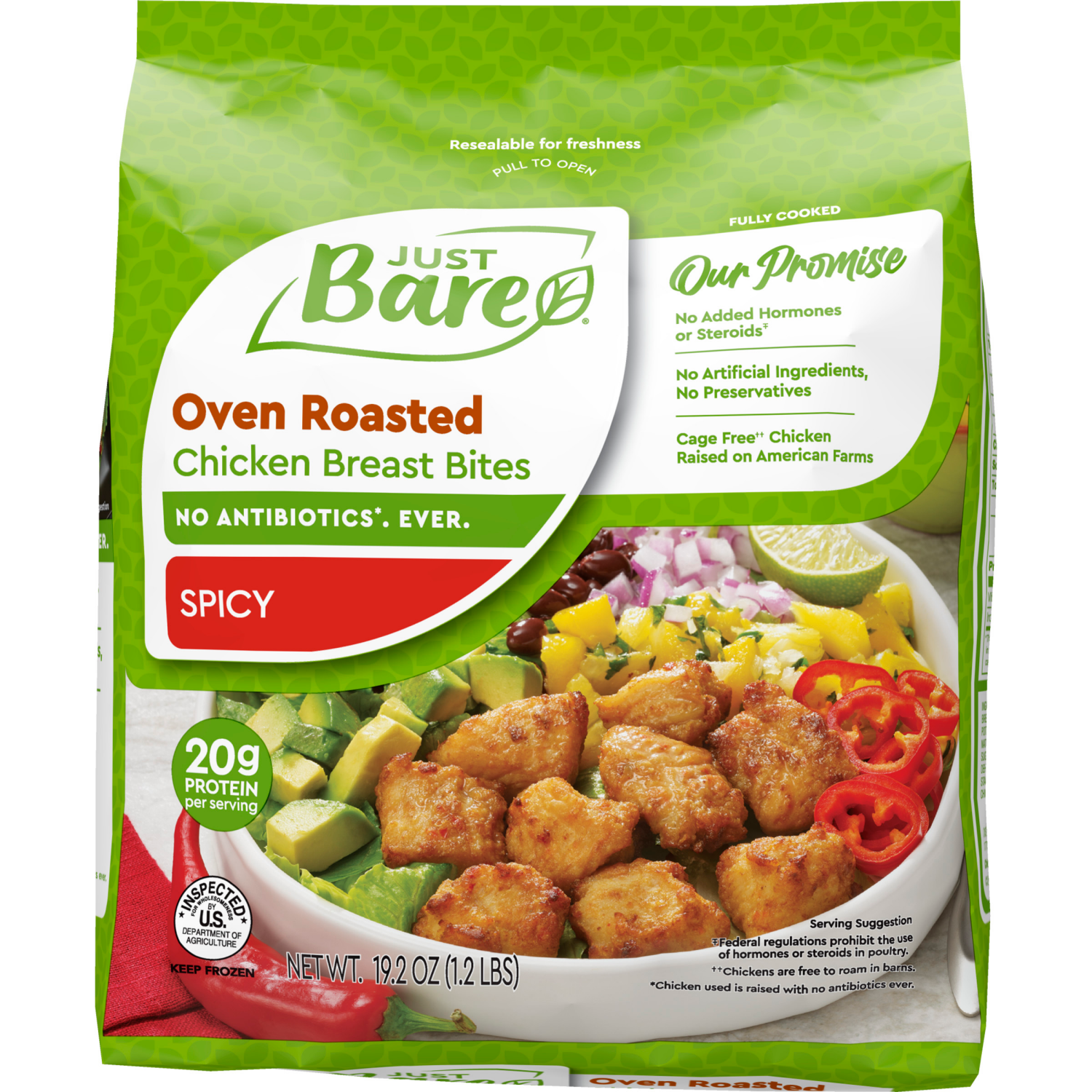 slide 1 of 8, Just Bare® Spicy Oven Roasted Chicken Breast Bites, 19.2 oz