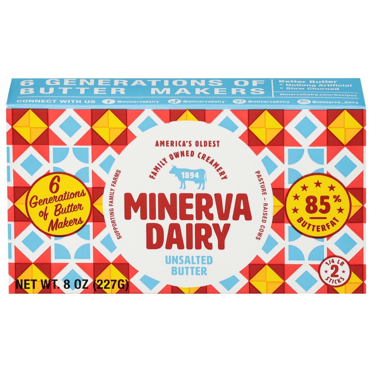 slide 1 of 9, Minerva Dairy Unsalted Butter 2 - 0.25 lb Sticks, 8 oz