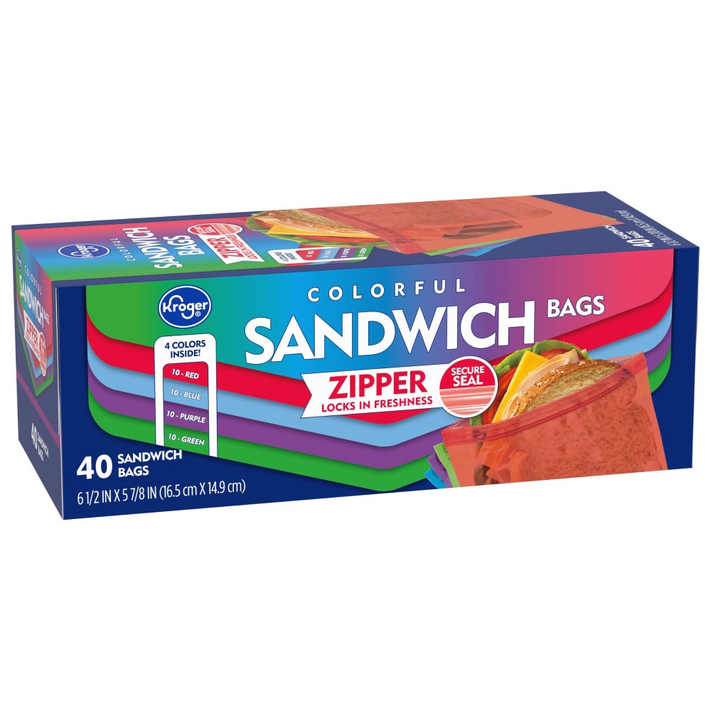 slide 1 of 6, Kroger Reclosable Colorful Assorted Sandwich Bags, 40 ct