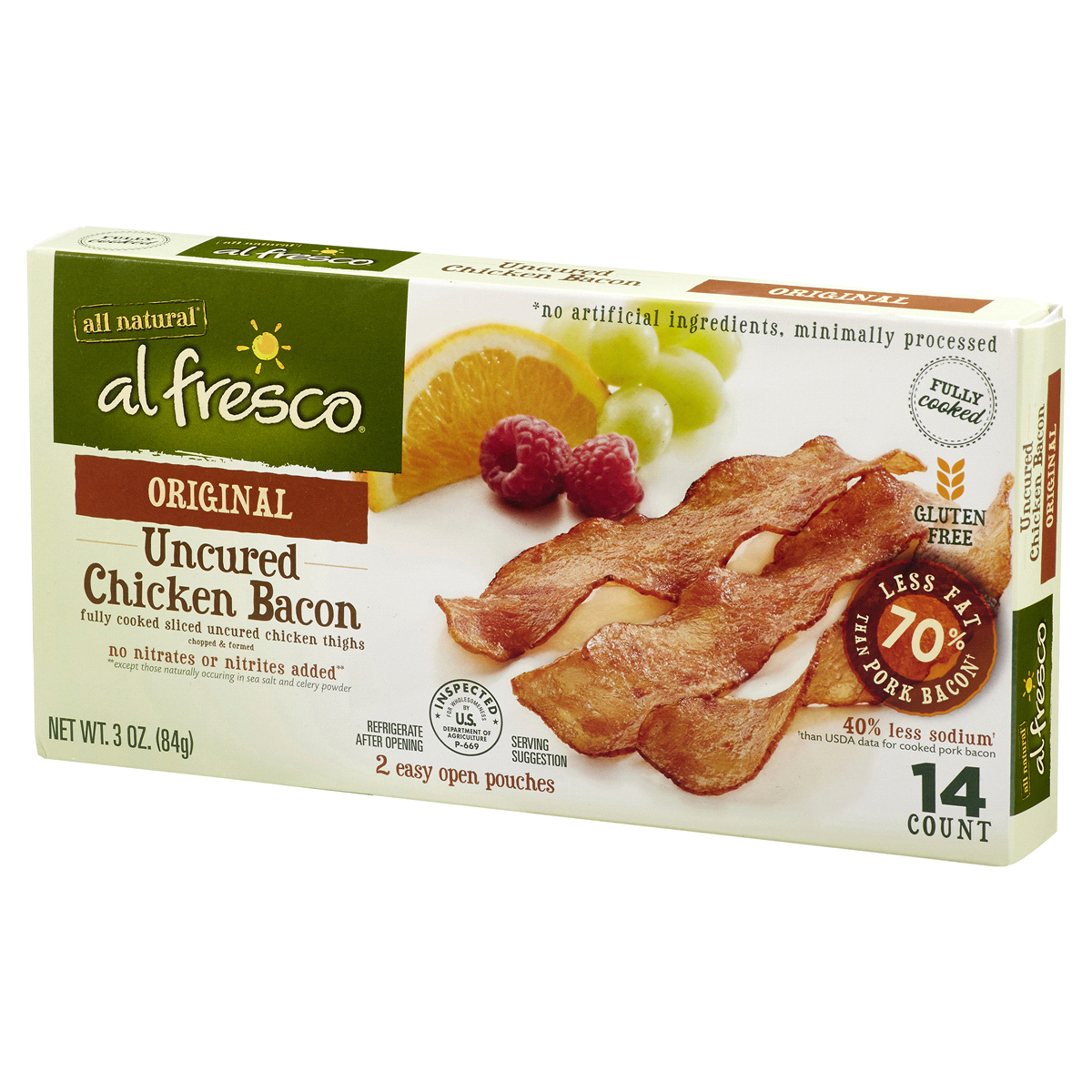 slide 4 of 4, Al Fresco Uncured Cooked Chicken Bacon, 3 oz