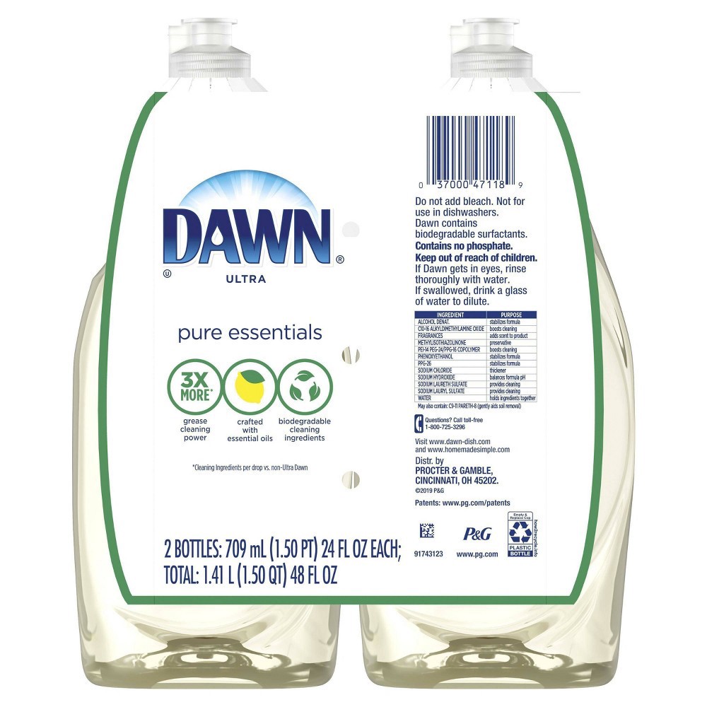 slide 4 of 5, Dawn Ultra Pure Essentials Dish Washing Liquid Dish Soap - Lemon Essence Scent - 48 fl oz/2ct, 48 fl oz, 2 ct