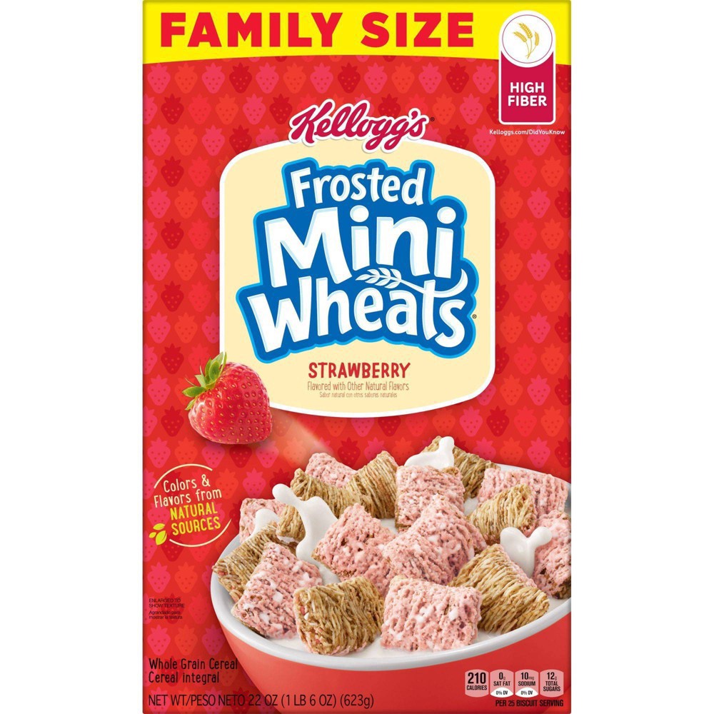 slide 29 of 51, Frosted Mini-Wheats Kellogg's Frosted Mini-Wheats Cold Breakfast Cereal, High-Fiber, Whole Grain, Family Size, Strawberry, 22oz Box, 1 Box, 22 oz