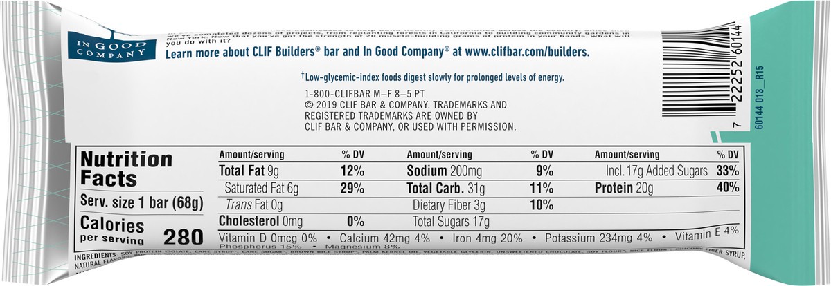 slide 5 of 9, CLIF Builders - Chocolate Mint Flavor - Protein Bar - Gluten-Free - Non-GMO - Low Glycemic - 20g Protein - 2.4 oz., 2.4 oz