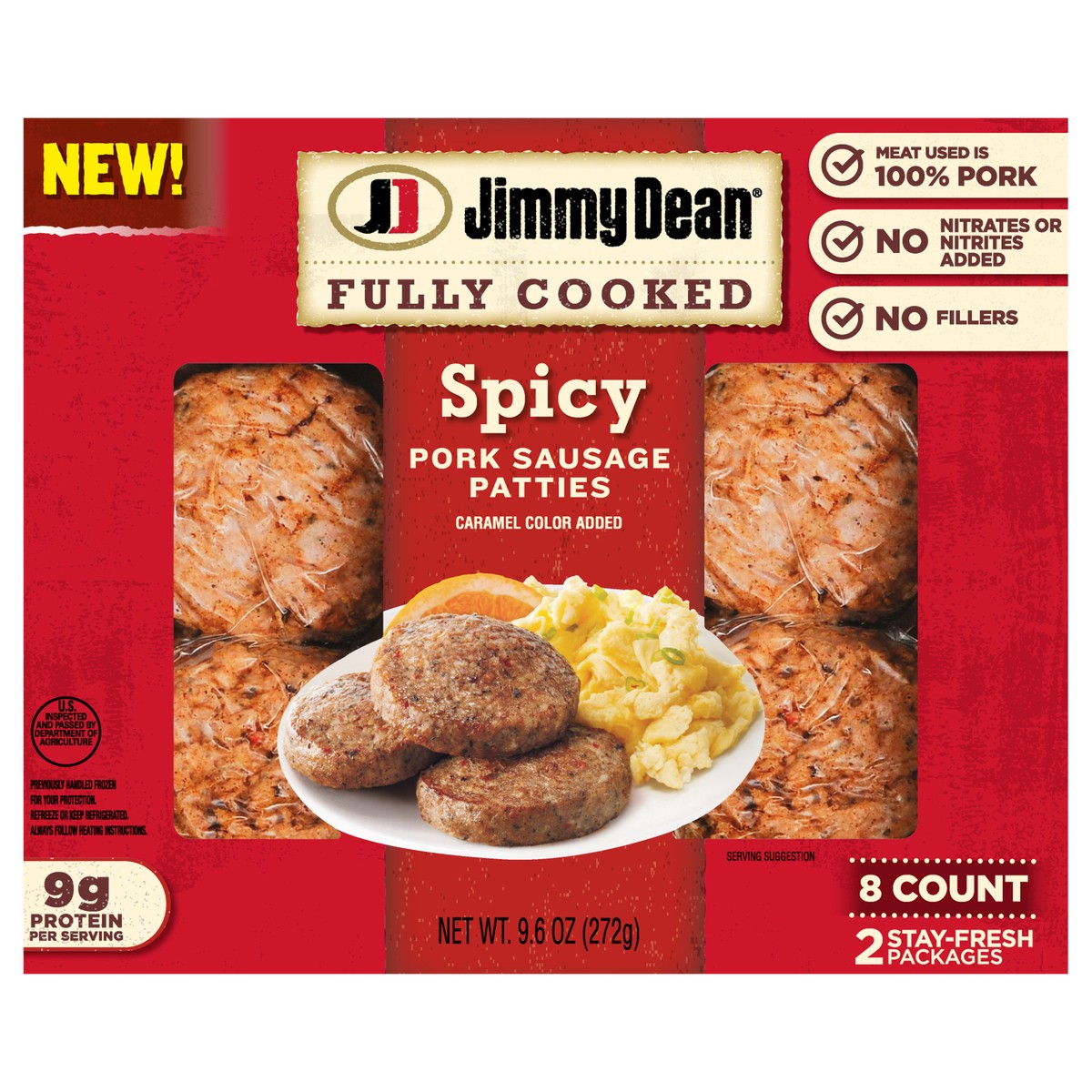 slide 1 of 16, Jimmy Dean Fully Cooked Spicy Pork Sausage Patties, 9.6 oz, 8 Count, 272.15 gram