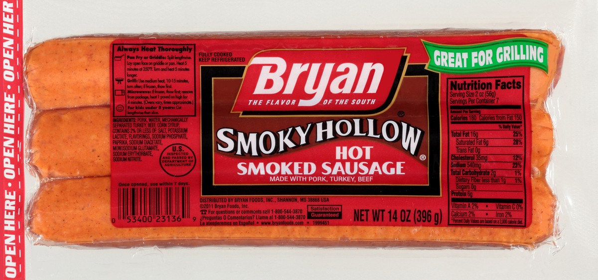 slide 3 of 9, Bryan Hot Smoked Sausage, 14 oz., 396.89 g