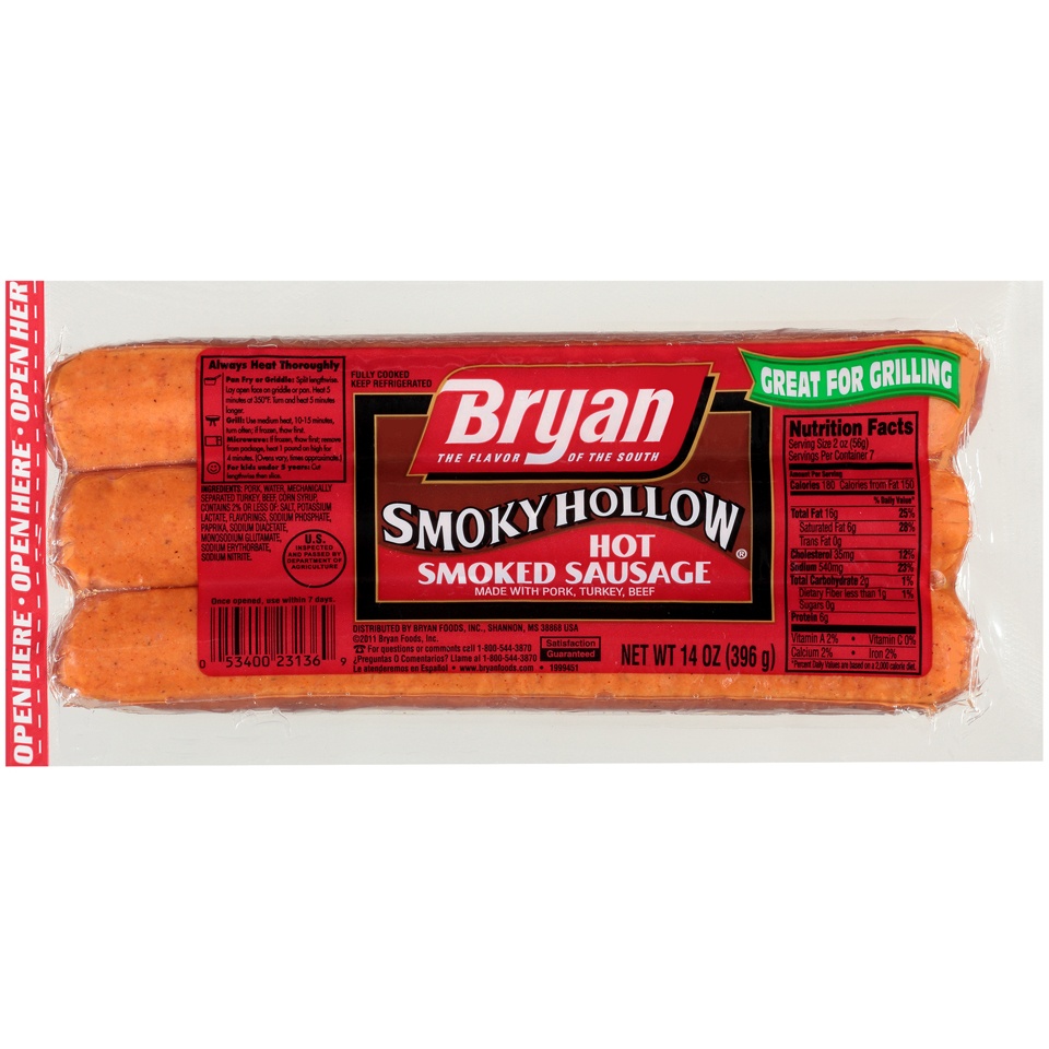 slide 1 of 1, Bryan Hot Smoked Sausage, 14 Oz., 14 oz