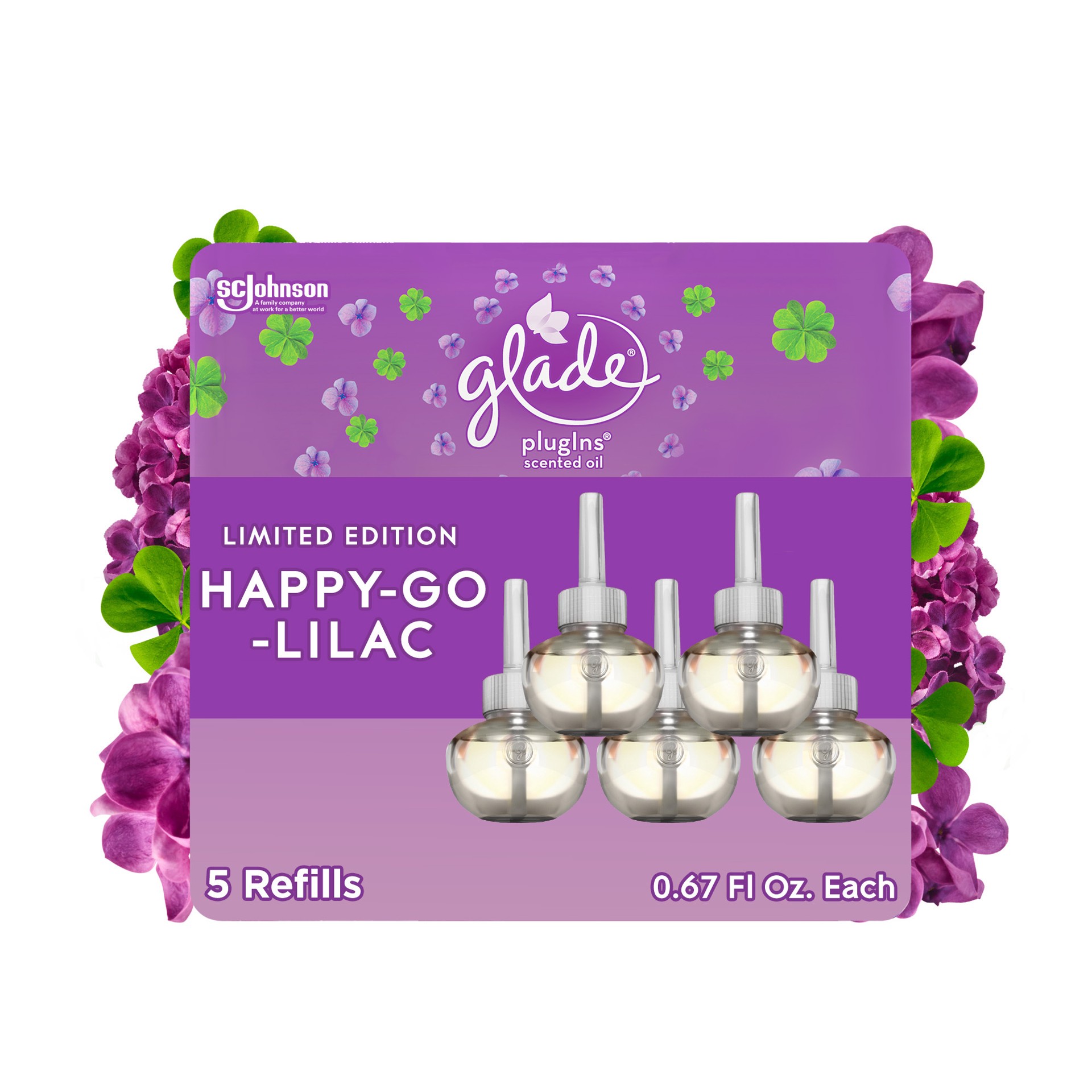 slide 3 of 5, Glade PlugIns Scented Oil Refill, Happy-Go-Lilac Scent, Infused with Essential Oils, Spring Limited Edition Fragrance, Positive Vibes Collection, 0.67 oz, 5 Count, 3.35 fl oz