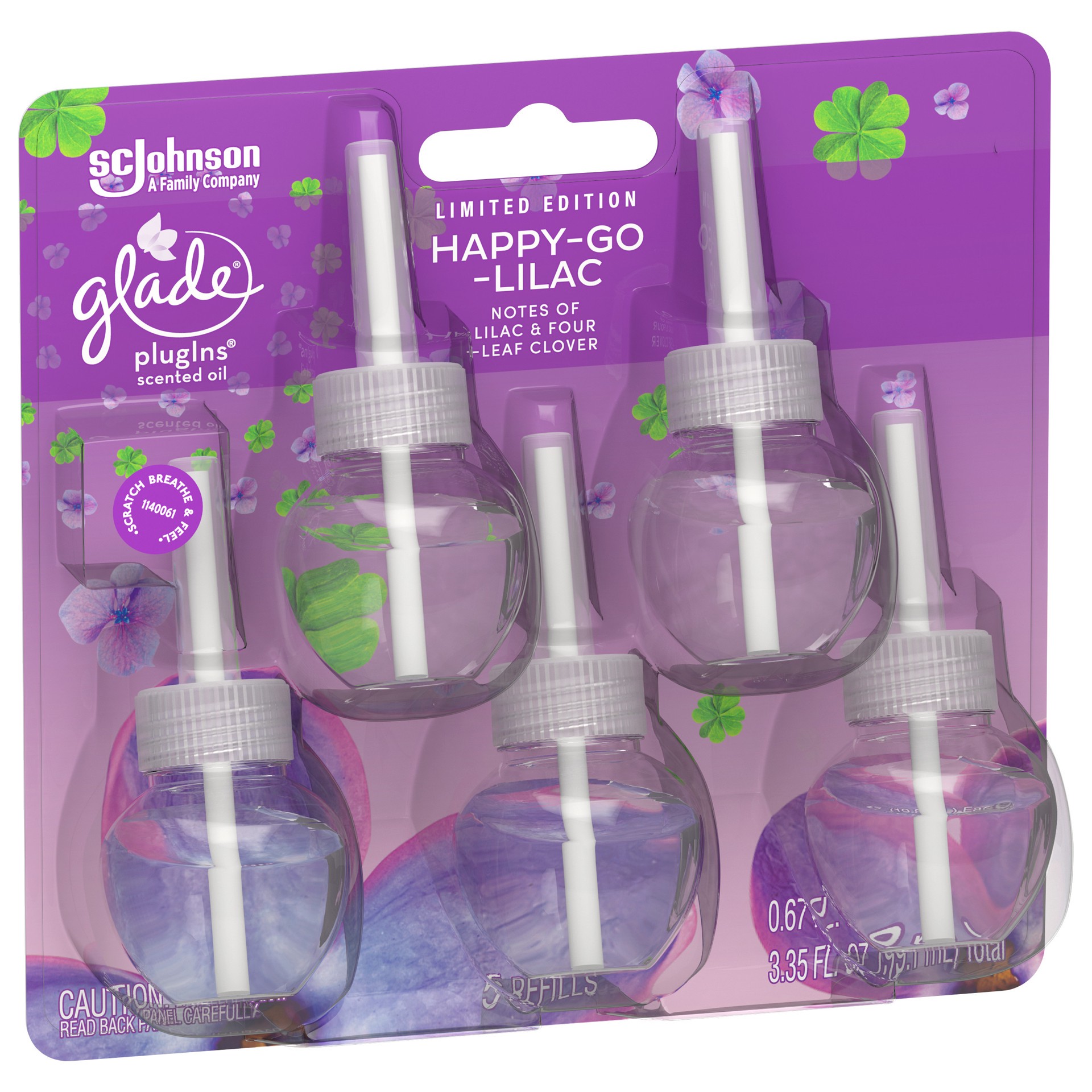 slide 5 of 5, Glade PlugIns Scented Oil Refill, Happy-Go-Lilac Scent, Infused with Essential Oils, Spring Limited Edition Fragrance, Positive Vibes Collection, 0.67 oz, 5 Count, 3.35 fl oz