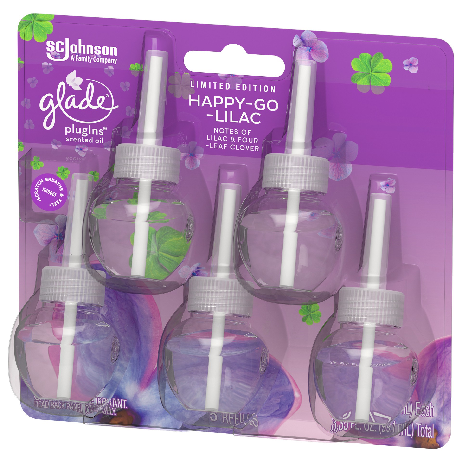 slide 4 of 5, Glade PlugIns Scented Oil Refill, Happy-Go-Lilac Scent, Infused with Essential Oils, Spring Limited Edition Fragrance, Positive Vibes Collection, 0.67 oz, 5 Count, 3.35 fl oz