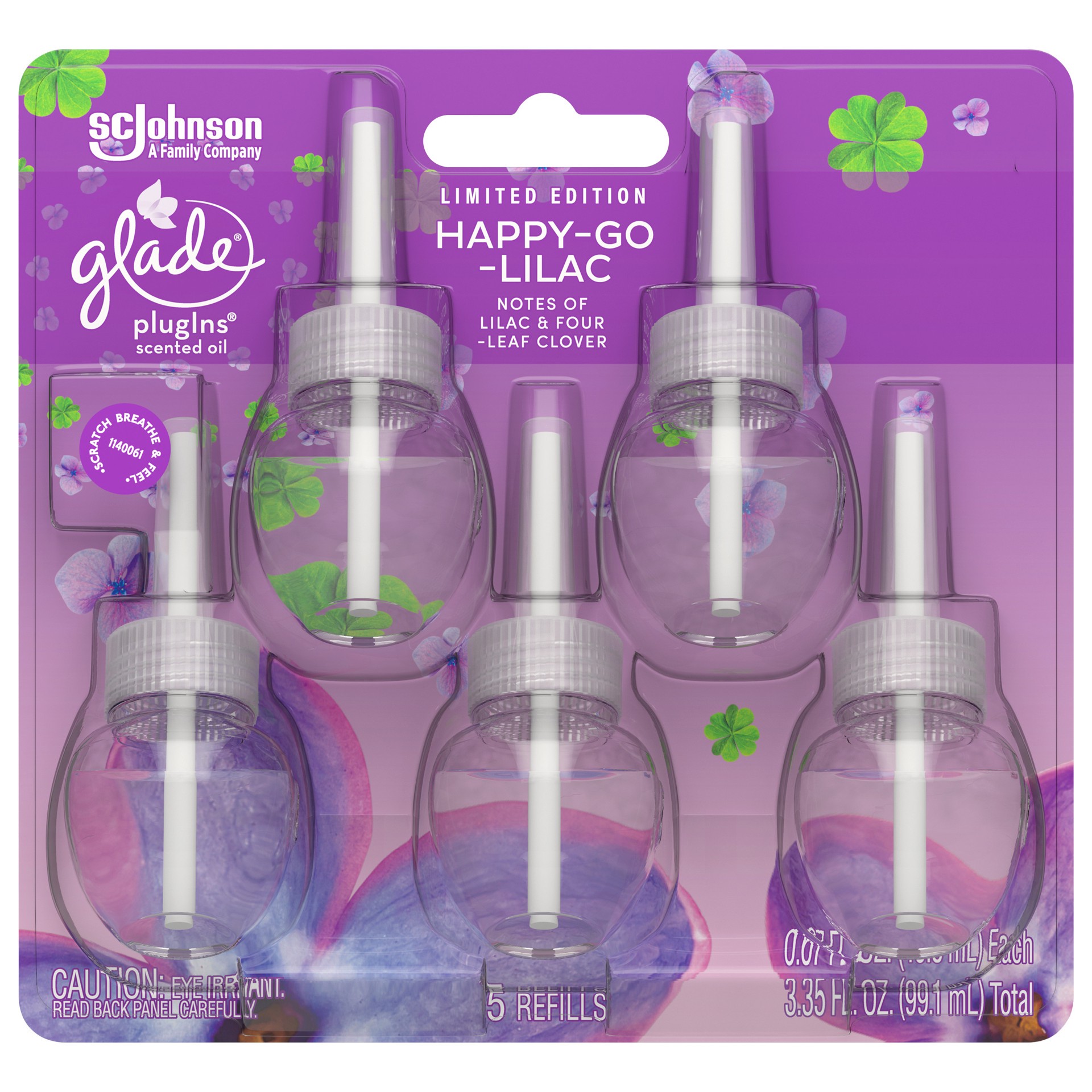 slide 1 of 5, Glade PlugIns Scented Oil Refill, Happy-Go-Lilac Scent, Infused with Essential Oils, Spring Limited Edition Fragrance, Positive Vibes Collection, 0.67 oz, 5 Count, 3.35 fl oz