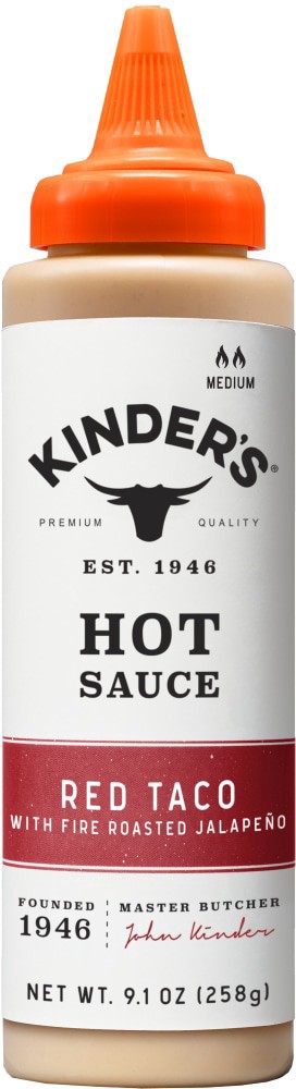 slide 1 of 4, Kinder's Red Taco Hot Sauce with Fire Roasted Jalapeno, 9.1 oz