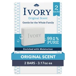 Ivory Gentle Bar Soap, Designed For Whole Family, 99.44% Pure Formula, Plant-Based Cleansers, Made Without Heavy Perfumes, Parabens Or Phthalates, Original Scent, 3.17 Oz (2 Count)