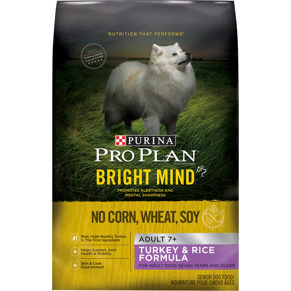 slide 1 of 1, Purina Pro Plan Bright Mind Turkey & Rice Formula Adult 7+ Dry Dog Food, 4 lb