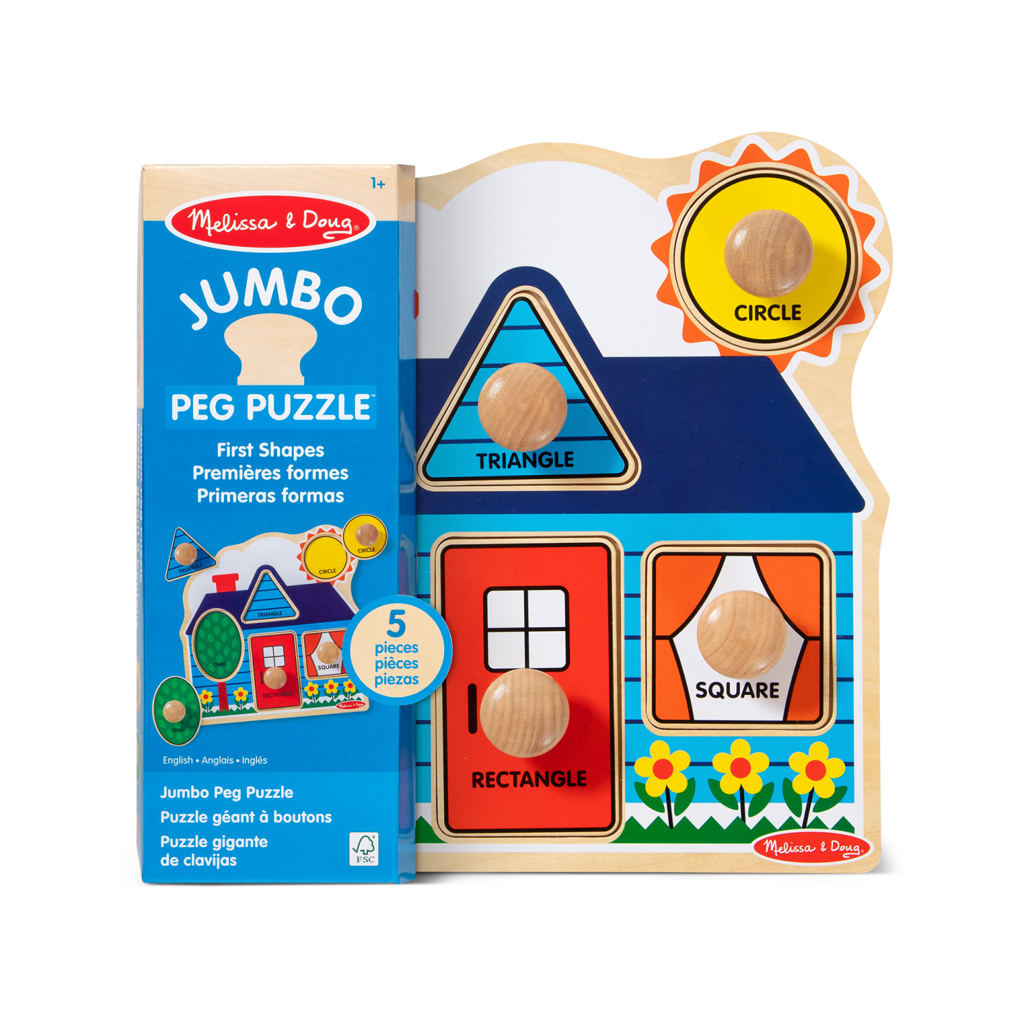 slide 8 of 8, Melissa & Doug First Shapes Wooden Jumbo Peg Puzzle - 5 Pieces With Handles (Babies, Toddlers), 5 ct