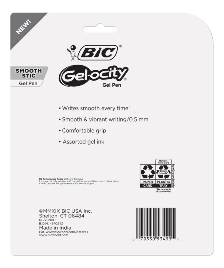 slide 2 of 5, BIC Gel-Ocity Smooth Stic Gel Pens, Fine Point, 0.5 Mm, Clear Barrels, Assorted Ink Colors, Pack Of 10 Pens, 10 ct