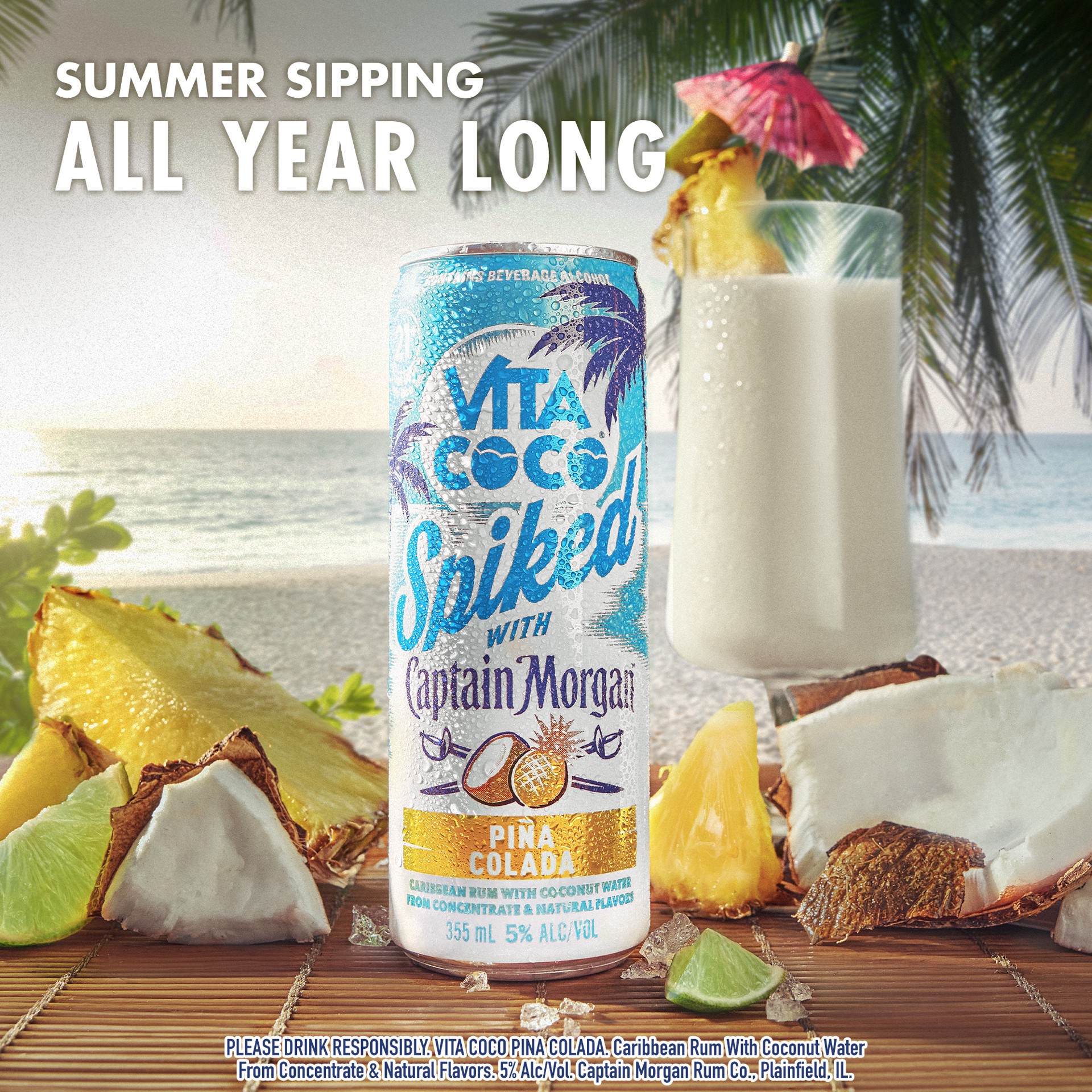 slide 2 of 7, Vita Coco Spiked with Captain Morgan Pina Colada, 4-PACK (4 x 12 fl oz), 1420 ml