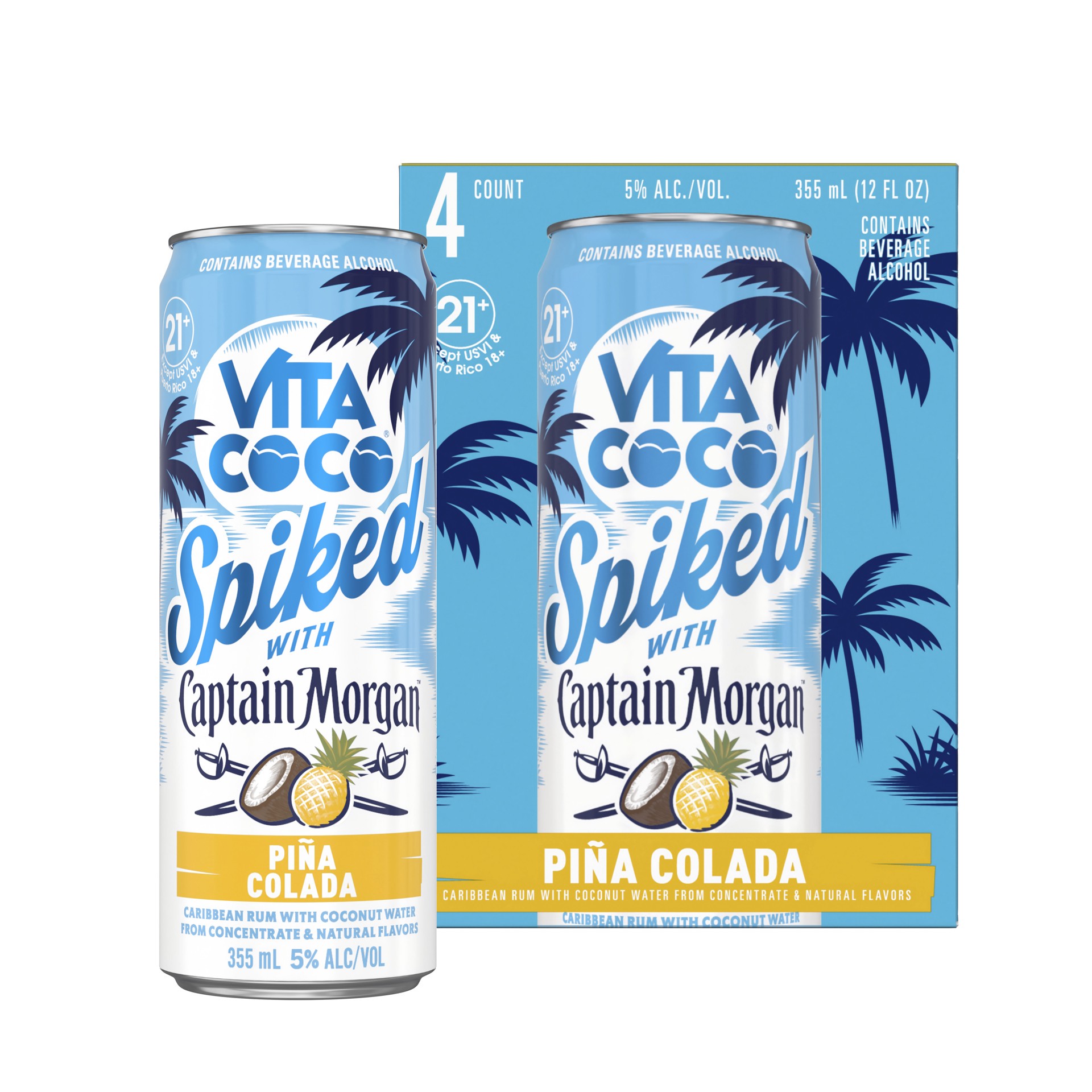 slide 5 of 7, Vita Coco Spiked with Captain Morgan Pina Colada, 4-PACK (4 x 12 fl oz), 1420 ml