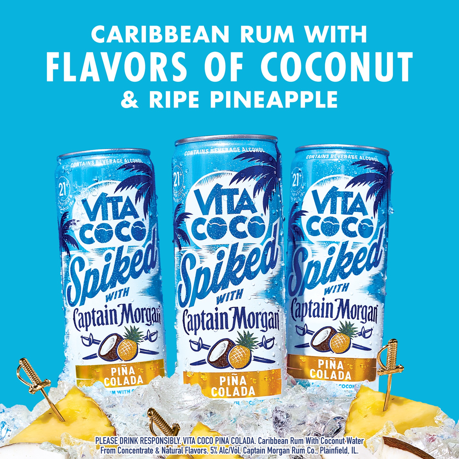 slide 4 of 7, Vita Coco Spiked with Captain Morgan Pina Colada, 4-PACK (4 x 12 fl oz), 1420 ml