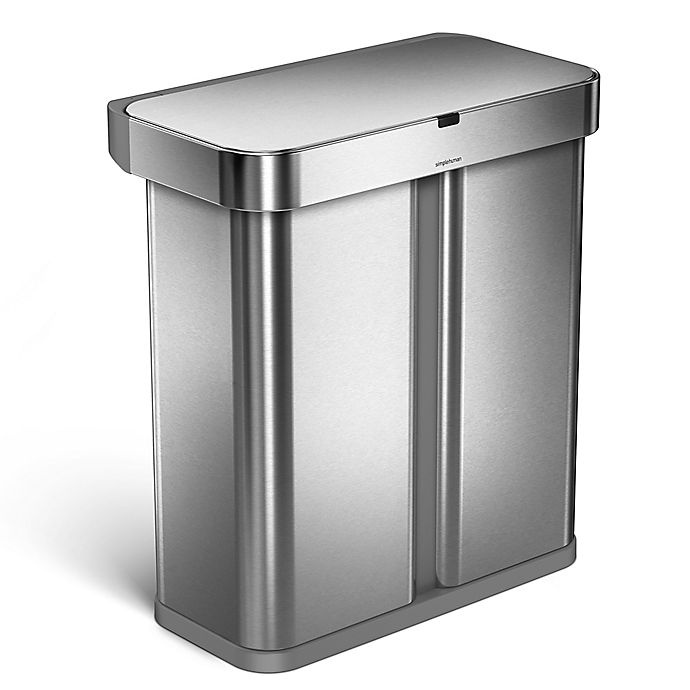 slide 1 of 1, simplehuman Dual Compartment Voice & Motion Sensor Trash Can - Brushed Stainless Steel, 58 liter