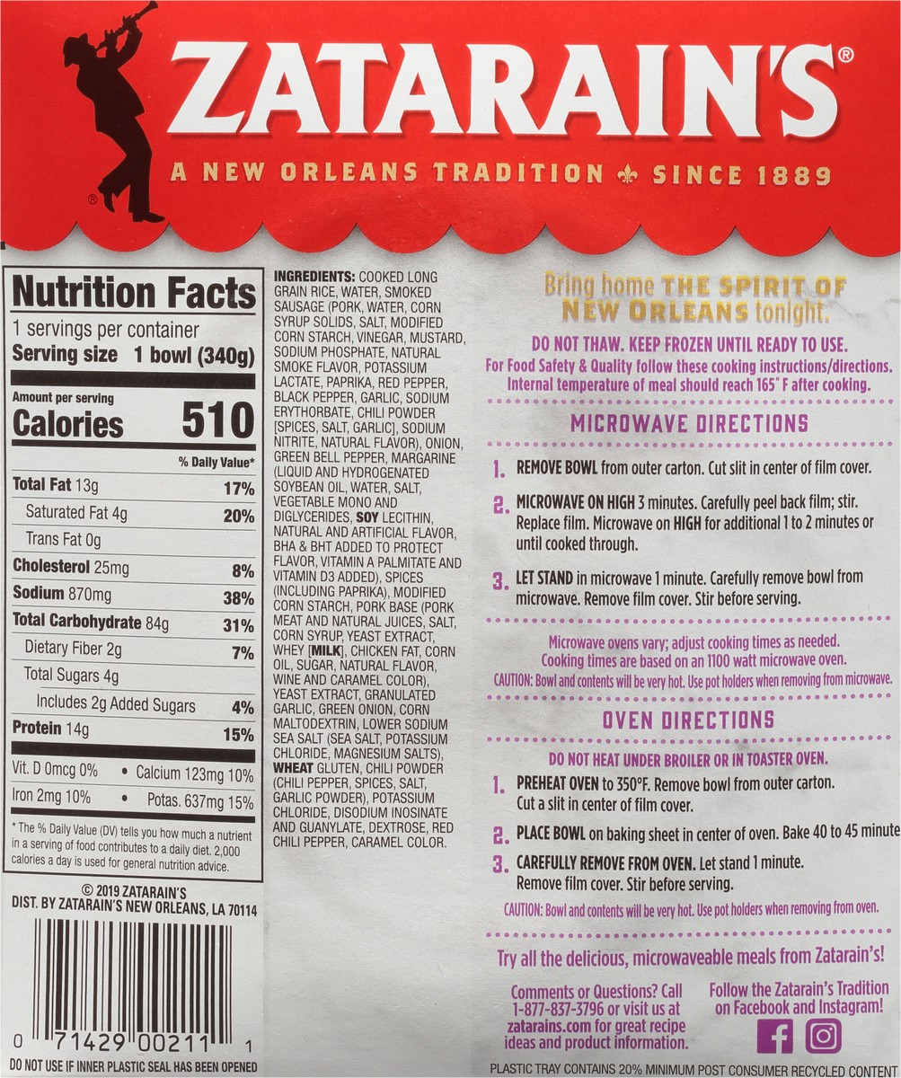 slide 6 of 9, Zatarain's Frozen Meal - Jambalaya with Sausage, 12 oz