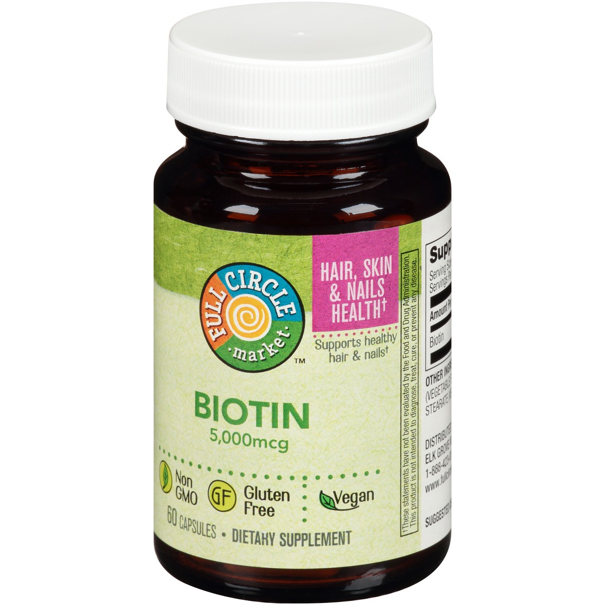 slide 6 of 8, Full Circle Market Biotin 5,000 Mcg Supports Healthy Hair & Nails Dietary Supplement Vegan Capsules, 60 ct