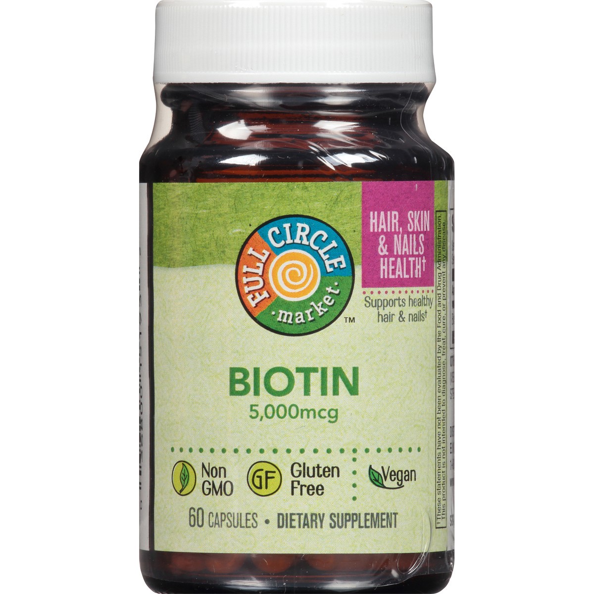 slide 2 of 8, Full Circle Market Biotin 5,000 Mcg Supports Healthy Hair & Nails Dietary Supplement Vegan Capsules, 60 ct