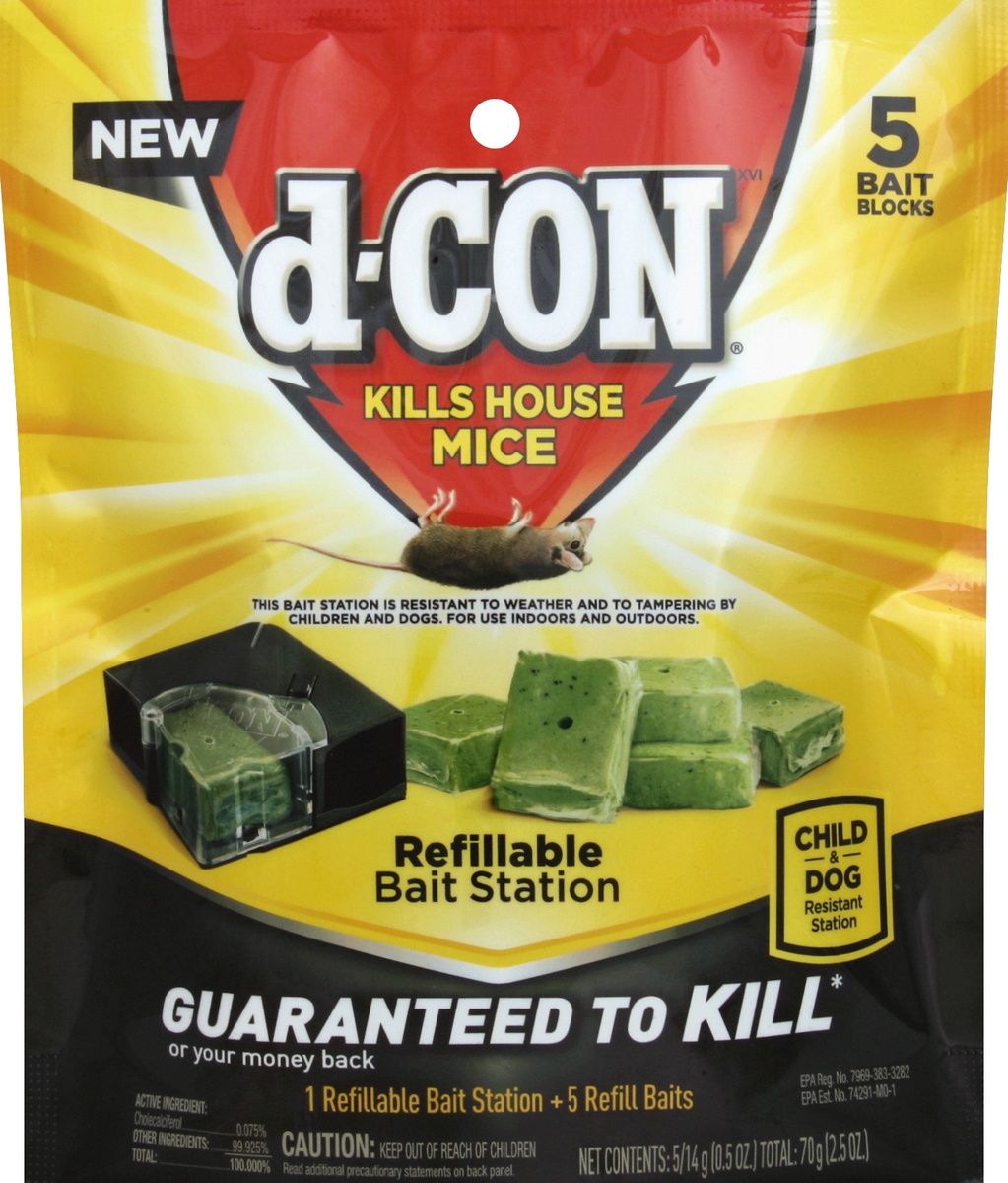 slide 2 of 2, d-Con Refillable Corner Fit Mouse Poison Bait Station, 1 Trap + 5 Refills, 5 ct