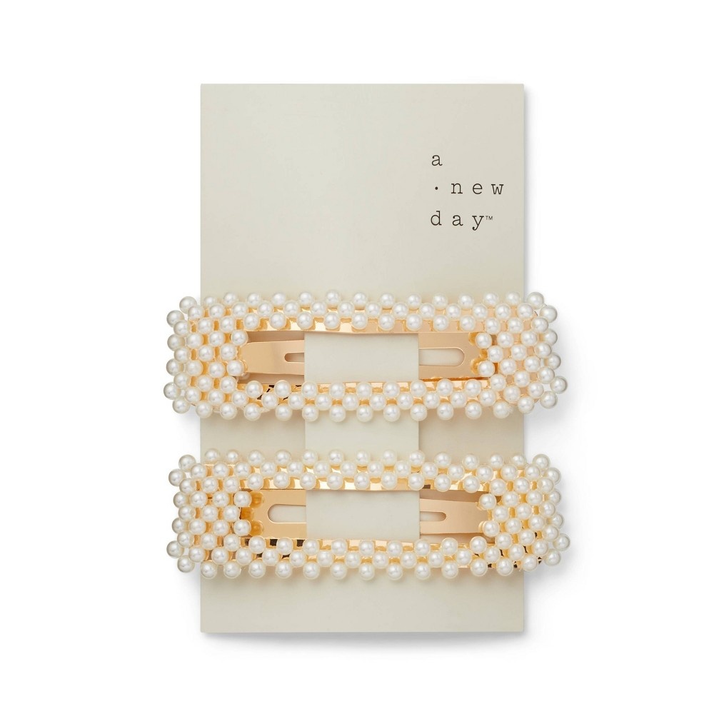 slide 3 of 3, Square Barrettes with Pearls Hair Clips and Pins - A New Day White, 1 ct